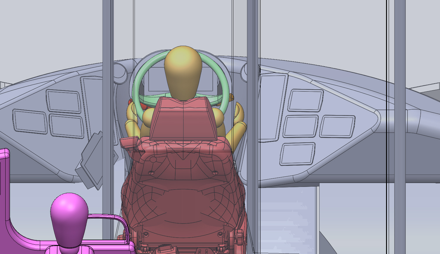 OneBus driver cockpit CAD — rear view showing windshield geometry and seating position