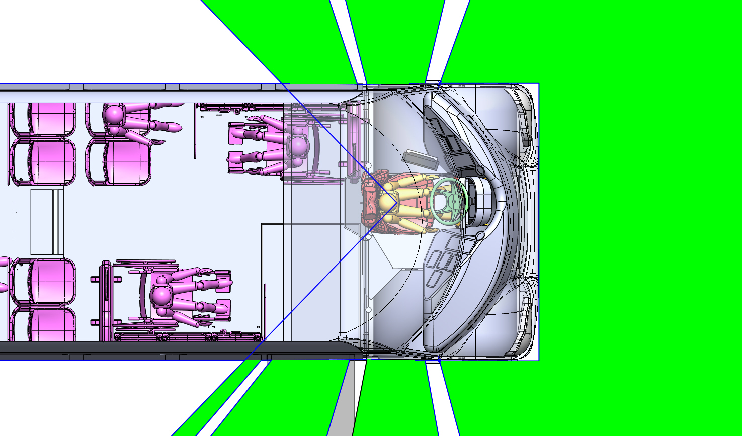 OneBus top-down visibility plan showing A-pillar relocation and driver sightlines